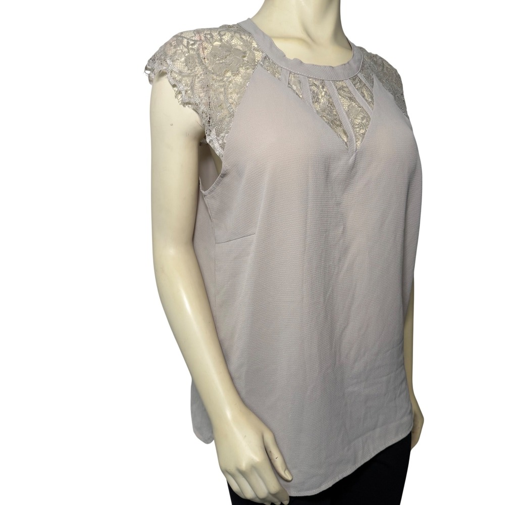 Luna Rae Womens Lace Shoulder Caged Neck Blouse Taupe Sleeveless Top Large - Picture 2 of 8